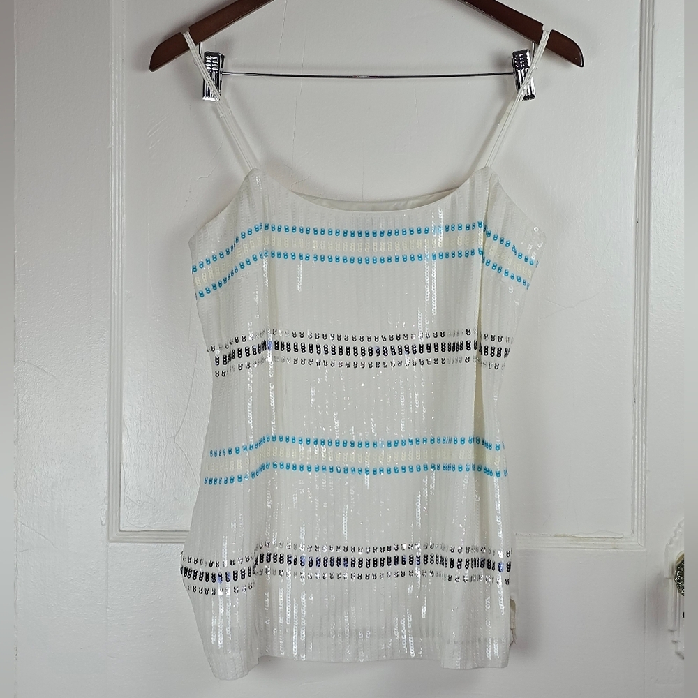 White House Black Market White and Blue Spaghetti Strap Sequin Tank Size S